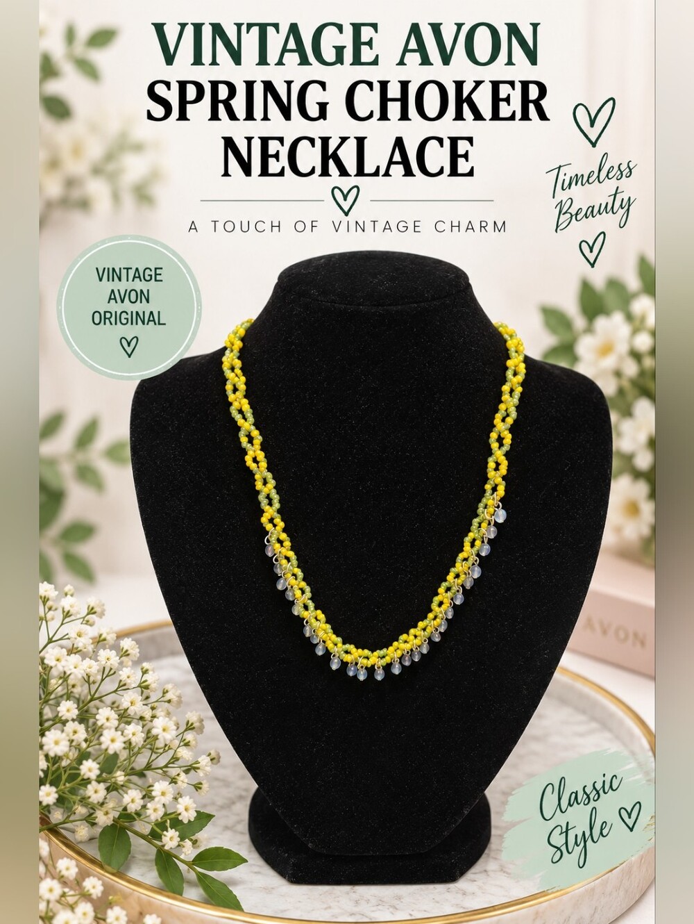 VINTAGE AVON SPRING CHOKER-STYLE NECKLACE WITH YELLOW, GREEN & BLUE BEADING